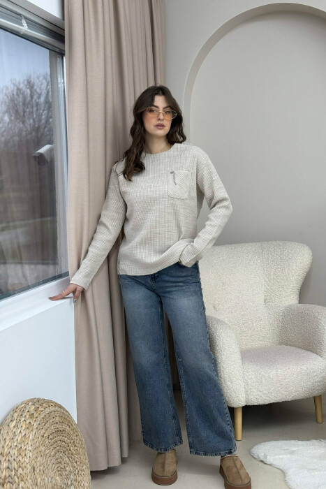 SINGLE POCKET LONG SLEEVES WOMEN SWEATER BEIGE/BEZHE - KLAUDIO FASHION