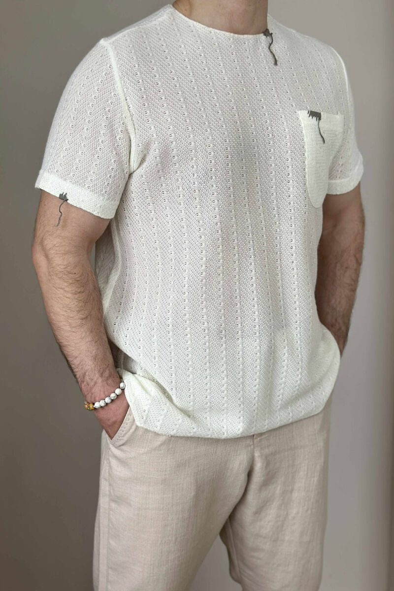 SINGLE POCKET ONE COLOR MEN T-SHIRT CREAM/KREM - 1
