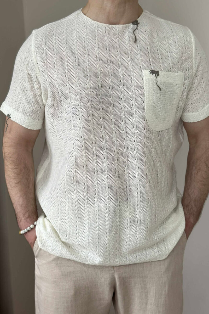 SINGLE POCKET ONE COLOR MEN T-SHIRT CREAM/KREM - 3