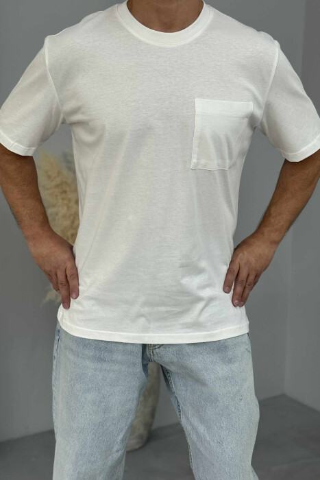 SINGLE POCKET ONE COLOR MEN T-SHIRT WHITE-E BARDHE - 3