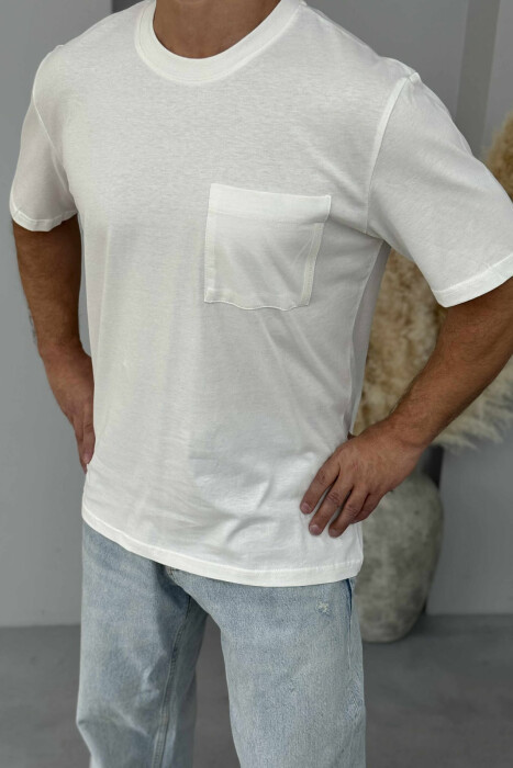 SINGLE POCKET ONE COLOR MEN T-SHIRT WHITE-E BARDHE - 5