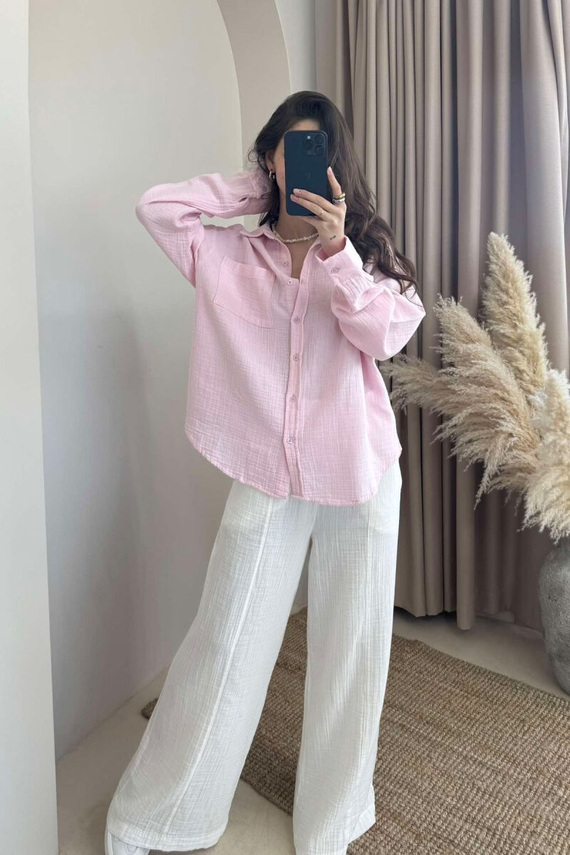 SINGLE POCKET ONE COLOR WOMEN SHIRT BABY PINK/ROZB - 1