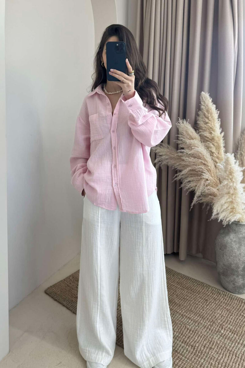 SINGLE POCKET ONE COLOR WOMEN SHIRT BABY PINK/ROZB - 2