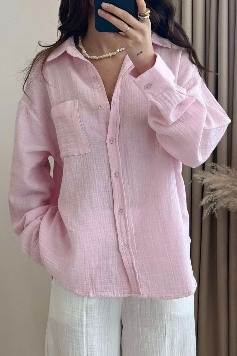 SINGLE POCKET ONE COLOR WOMEN SHIRT BABY PINK/ROZB - 3