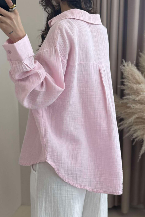 SINGLE POCKET ONE COLOR WOMEN SHIRT BABY PINK/ROZB - 4