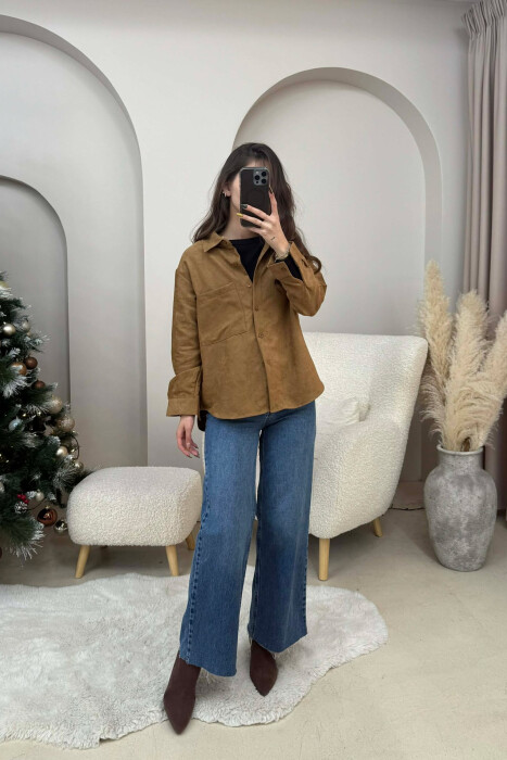 SINGLE POCKET ONE COLOR WOMEN SHIRT BROWN/KAFE - KLAUDIO FASHION