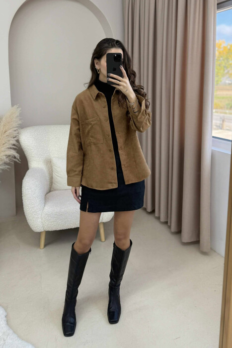 SINGLE POCKET ONE COLOR WOMEN SHIRT BROWN/KAFE - KLAUDIO FASHION