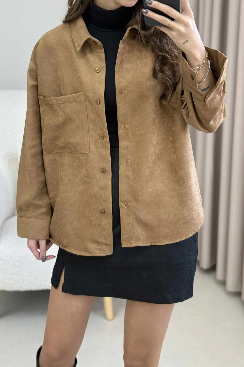 SINGLE POCKET ONE COLOR WOMEN SHIRT BROWN/KAFE - 4