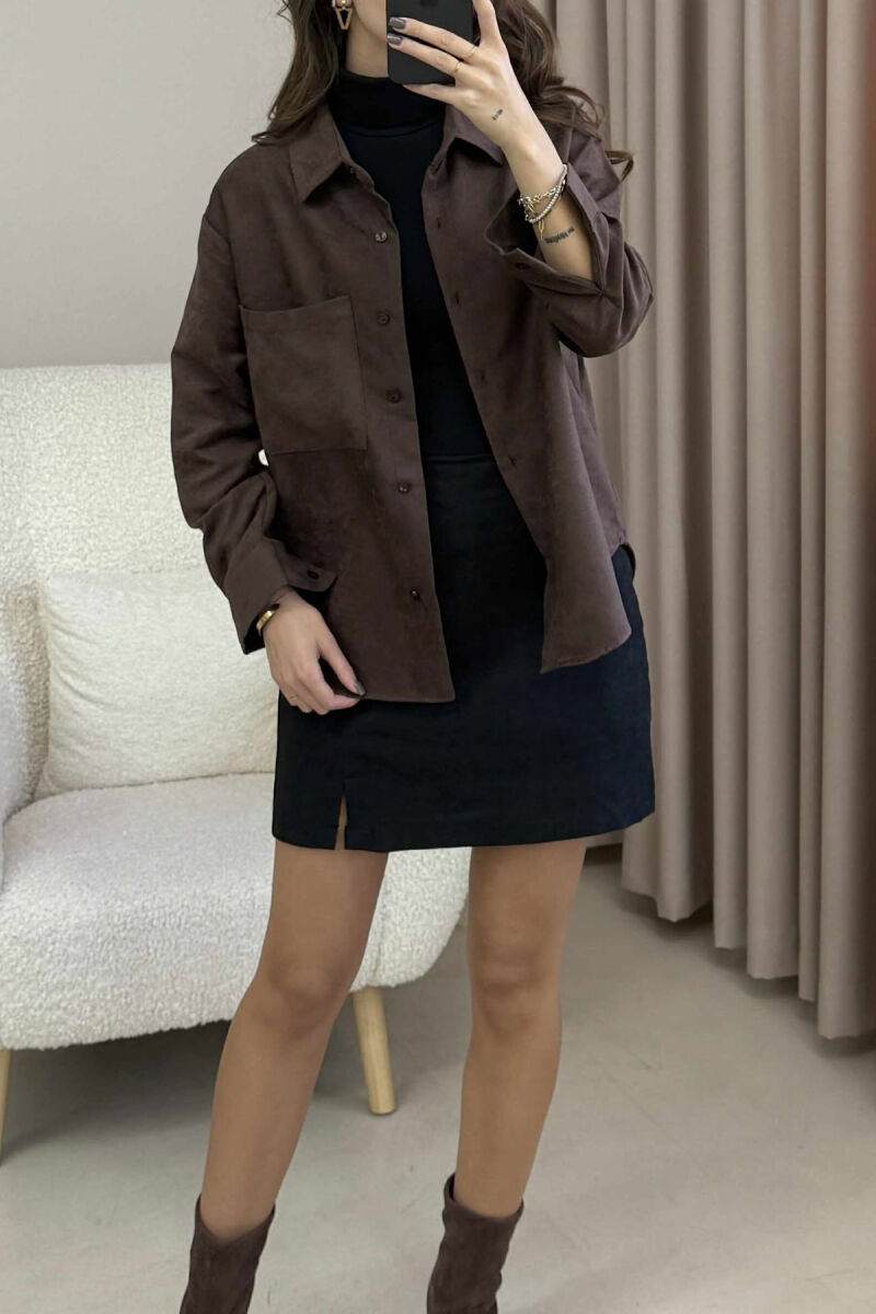 SINGLE POCKET ONE COLOR WOMEN SHIRT DARK BROWN/KAE - 3