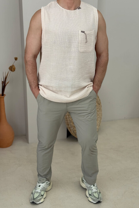 SINGLE POCKET SIMPLE MEN TANK TOP CREAM/KREM - KLAUDIO FASHION