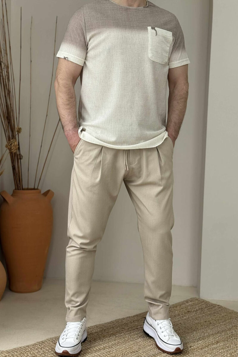 SINGLE POCKET SMALL DETAILS MEN T-SHIRT CREM+BEIGE/KREM+BEZHE - 1