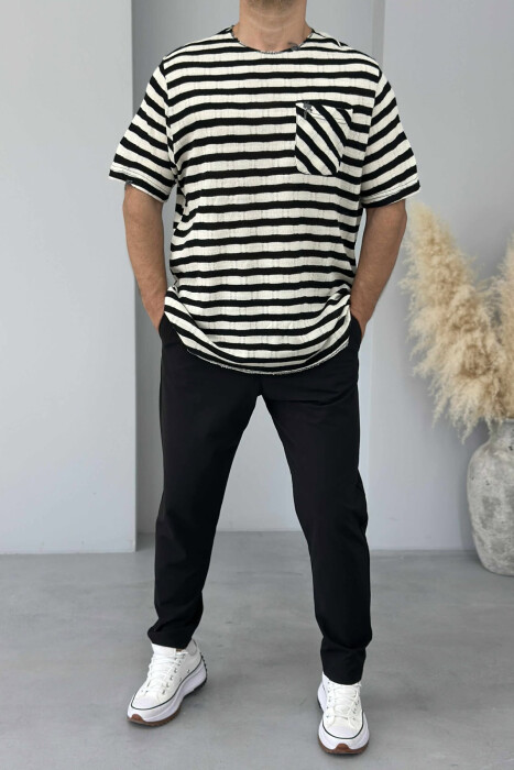 SINGLE POCKET STRIPED MEN T-SHIRT BLACK-CREAM/ZEKR - 1