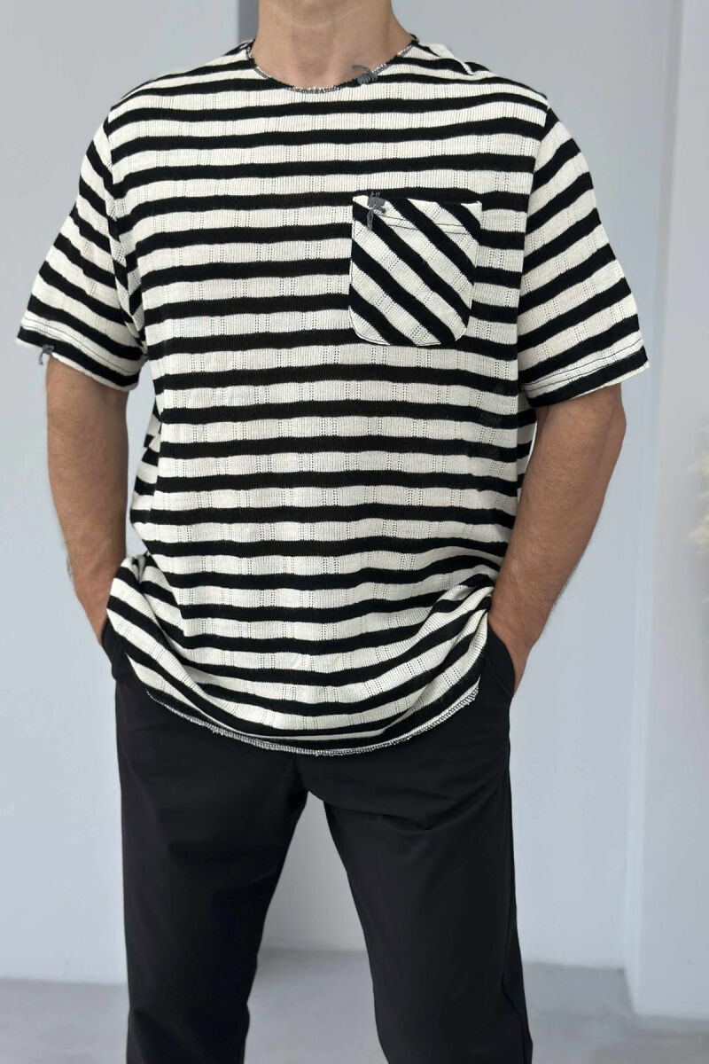 SINGLE POCKET STRIPED MEN T-SHIRT BLACK-CREAM/ZEKR - 2