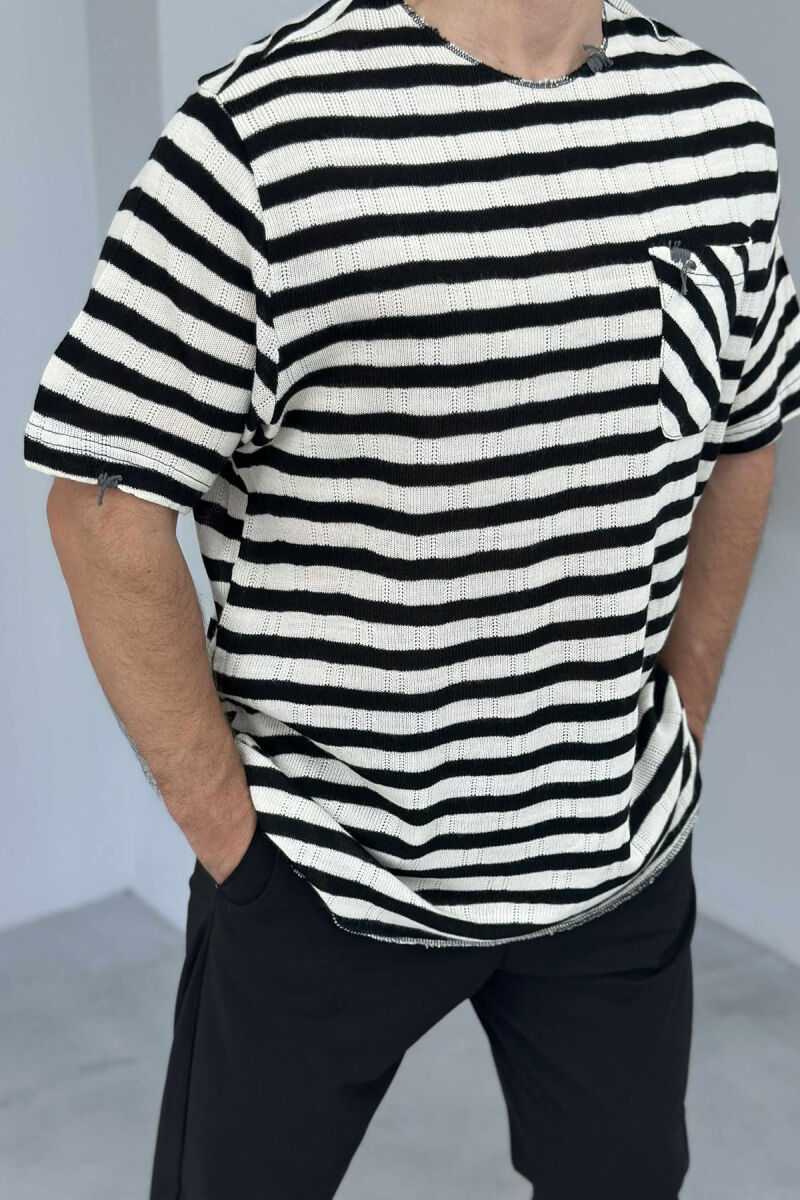 SINGLE POCKET STRIPED MEN T-SHIRT BLACK-CREAM/ZEKR - 3