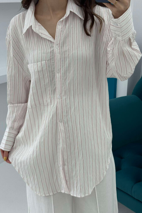 SINGLE POCKET STRIPED WOMEN SHIRT POWDER/PUDER - 3