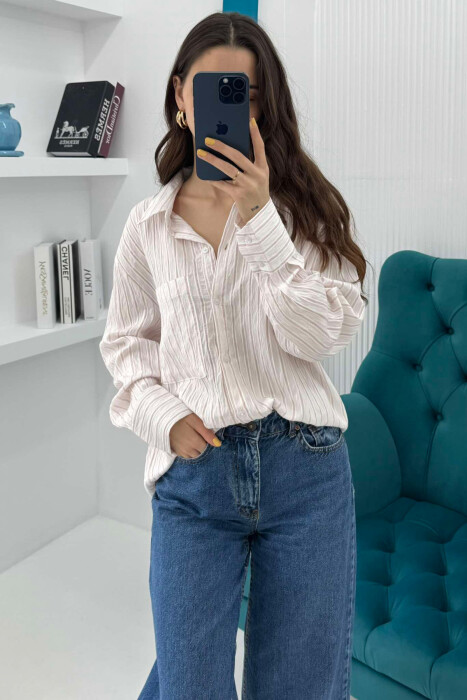 SINGLE POCKET STRIPED WOMEN SHIRT POWDER/PUDER - 6
