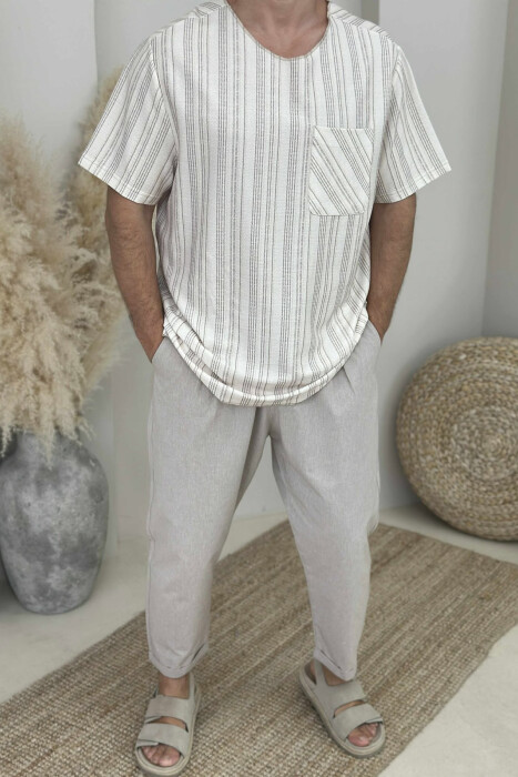 SINGLE POCKET STRIPES MEN T-SHIRT CREAM/KREM - 1