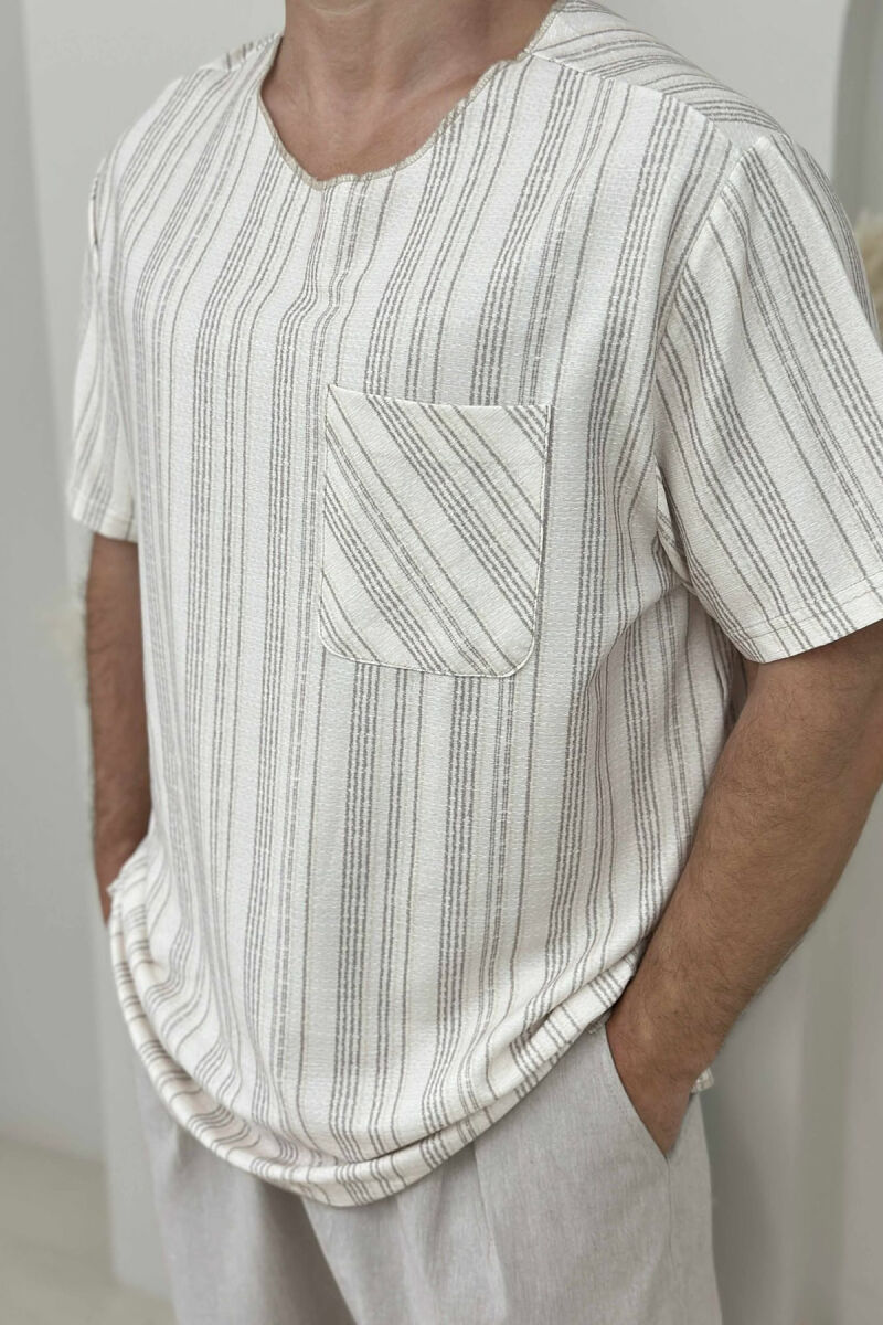 SINGLE POCKET STRIPES MEN T-SHIRT CREAM/KREM - 2