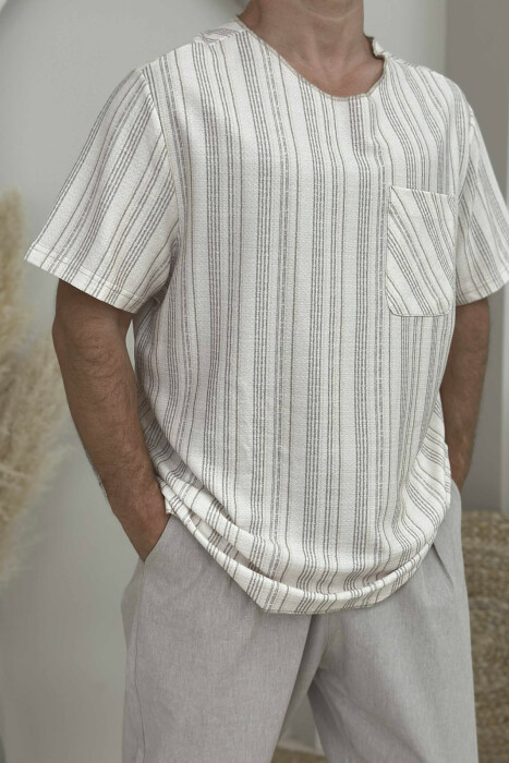 SINGLE POCKET STRIPES MEN T-SHIRT CREAM/KREM - 3