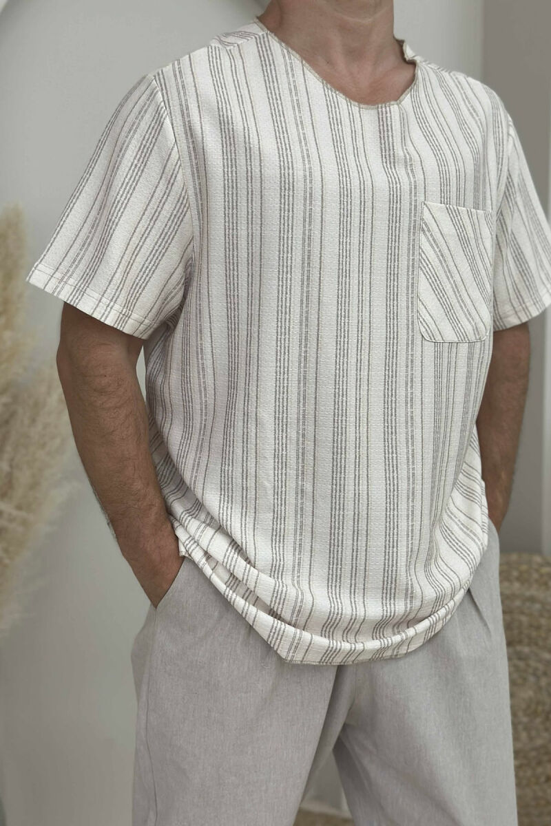 SINGLE POCKET STRIPES MEN T-SHIRT CREAM/KREM - 3