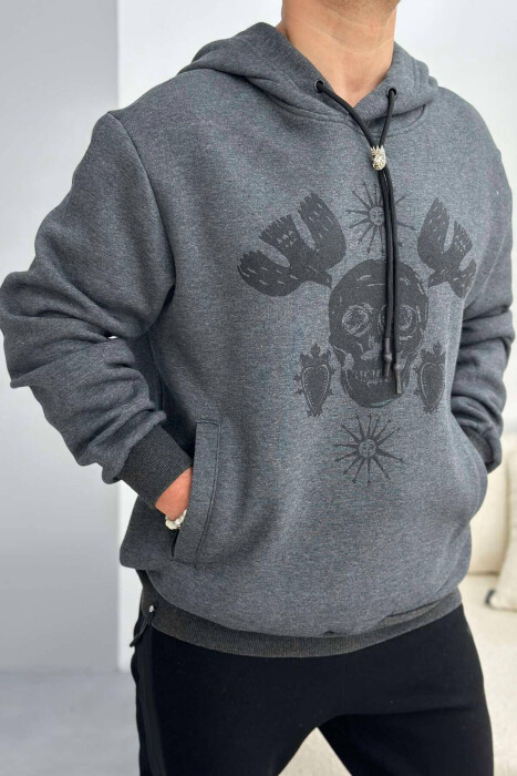 SKULL DESIGN MEN HOODIE DARK GREY/GEE - 4