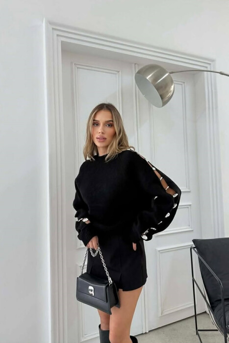 SLEEVE BUTTONED DETAILS WOMEN SWEATER BLACK/ E ZEZE - 4