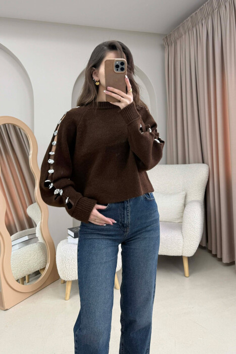 SLEEVE BUTTONED DETAILS WOMEN SWEATER BROWN/KAFE - KLAUDIO FASHION