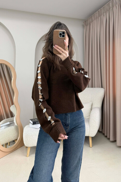 SLEEVE BUTTONED DETAILS WOMEN SWEATER BROWN/KAFE - 2