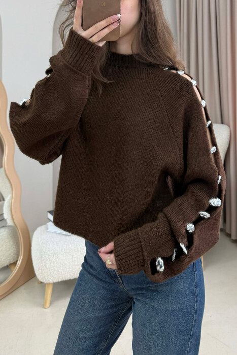 SLEEVE BUTTONED DETAILS WOMEN SWEATER BROWN/KAFE - 3