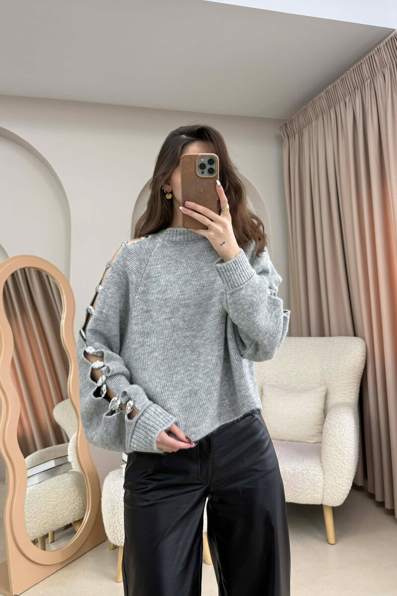 SLEEVE BUTTONED DETAILS WOMEN SWEATER LIGHT GREY/GZ - 1