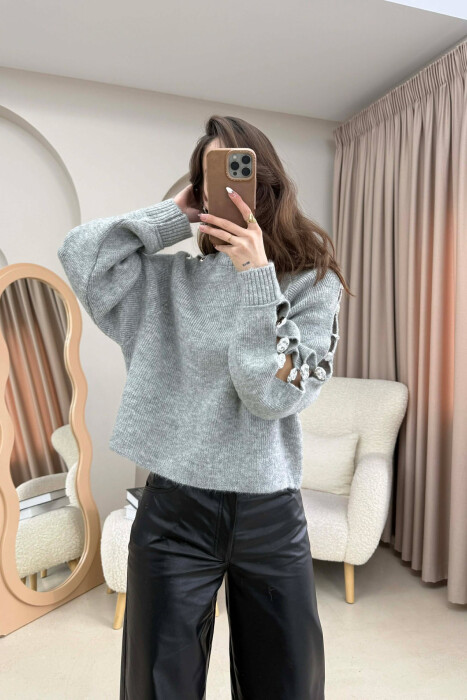 SLEEVE BUTTONED DETAILS WOMEN SWEATER LIGHT GREY/GZ - 2