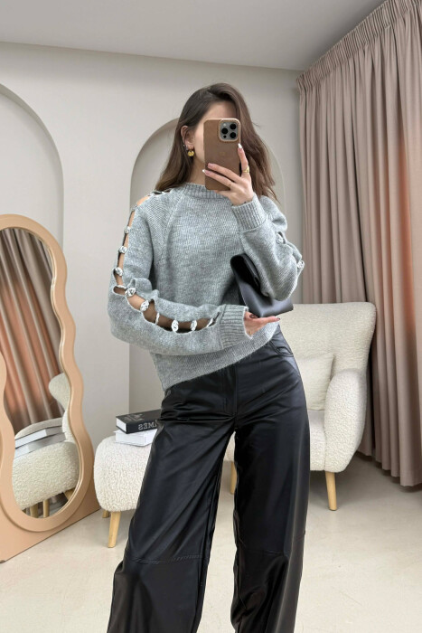 SLEEVE BUTTONED DETAILS WOMEN SWEATER LIGHT GREY/GZ - 3