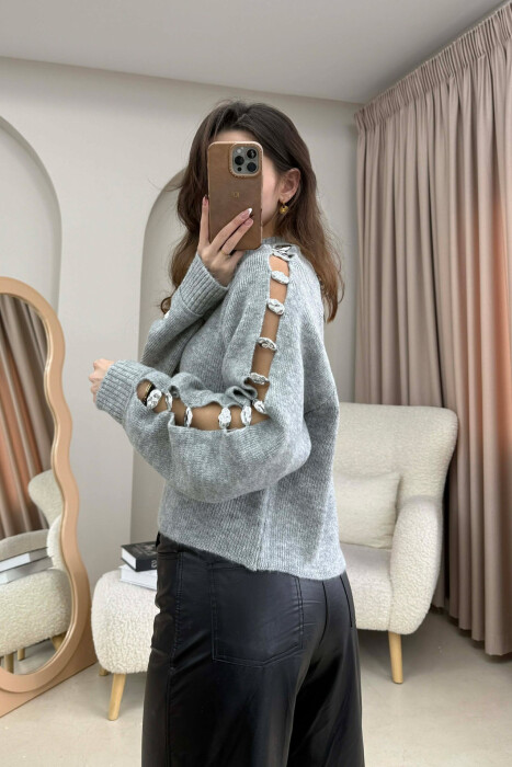 SLEEVE BUTTONED DETAILS WOMEN SWEATER LIGHT GREY/GZ - 4