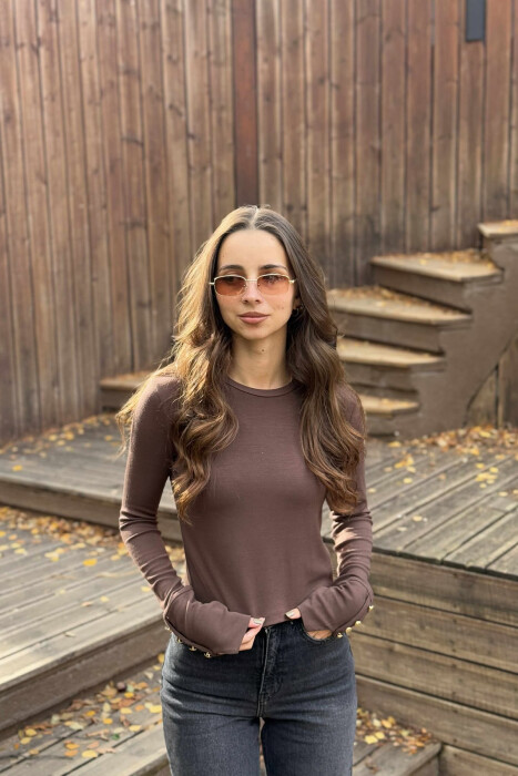 SLEEVE BUTTONS ONE COLOR WOMEN SWEATSHIRT BROWN/KAFE - 2