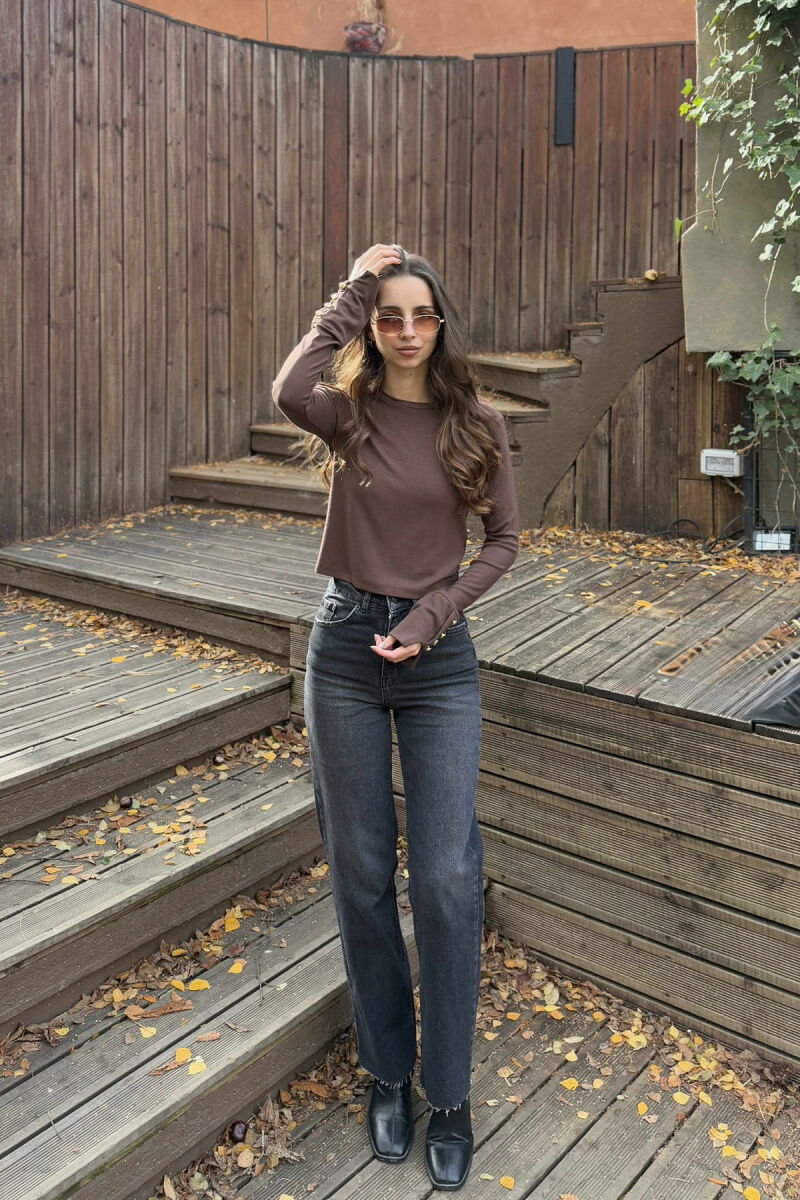 SLEEVE BUTTONS ONE COLOR WOMEN SWEATSHIRT BROWN/KAFE - 3