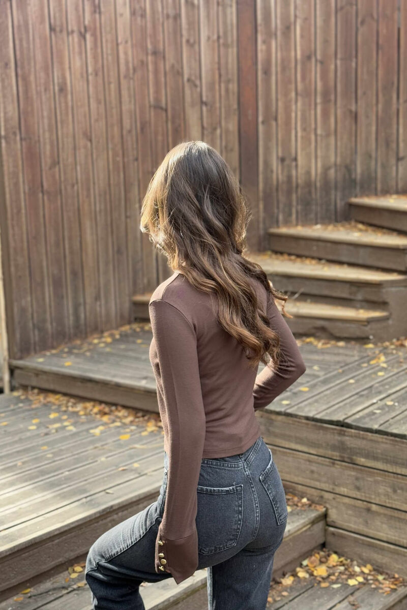 SLEEVE BUTTONS ONE COLOR WOMEN SWEATSHIRT BROWN/KAFE - 5