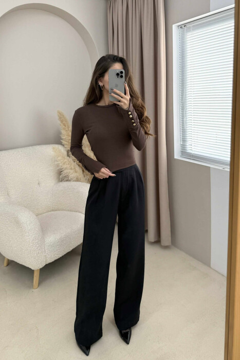 SLEEVE BUTTONS ONE COLOR WOMEN SWEATSHIRT BROWN/KAFE - 6