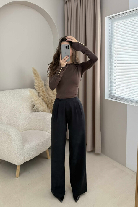 SLEEVE BUTTONS ONE COLOR WOMEN SWEATSHIRT BROWN/KAFE - 7