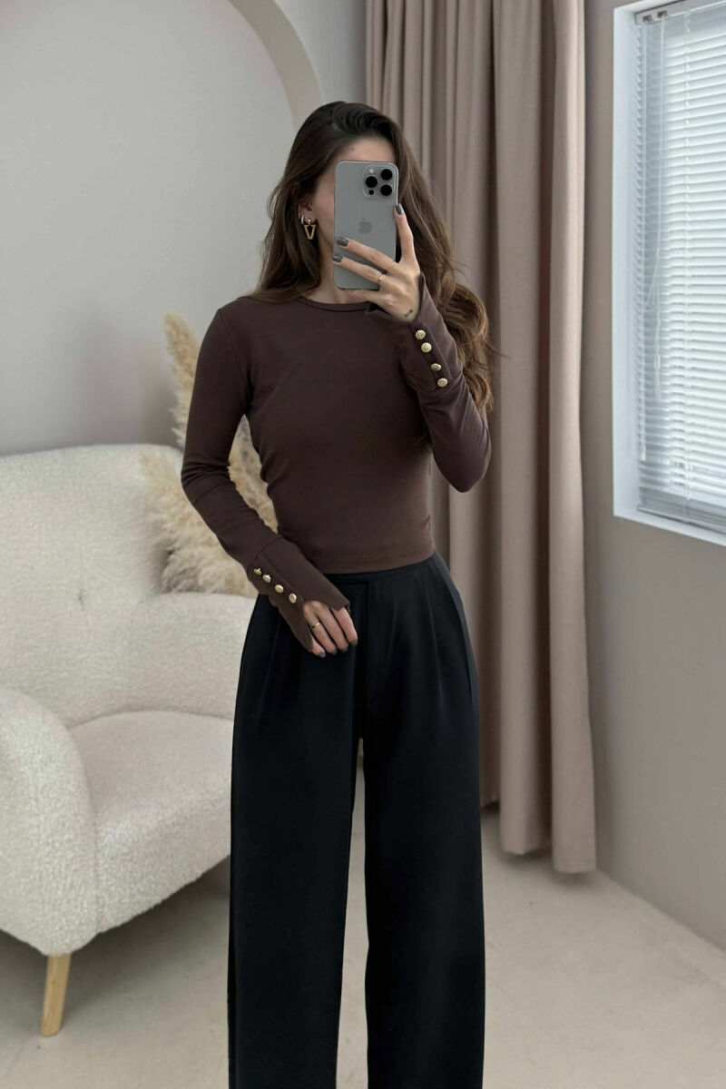 SLEEVE BUTTONS ONE COLOR WOMEN SWEATSHIRT BROWN/KAFE - 8