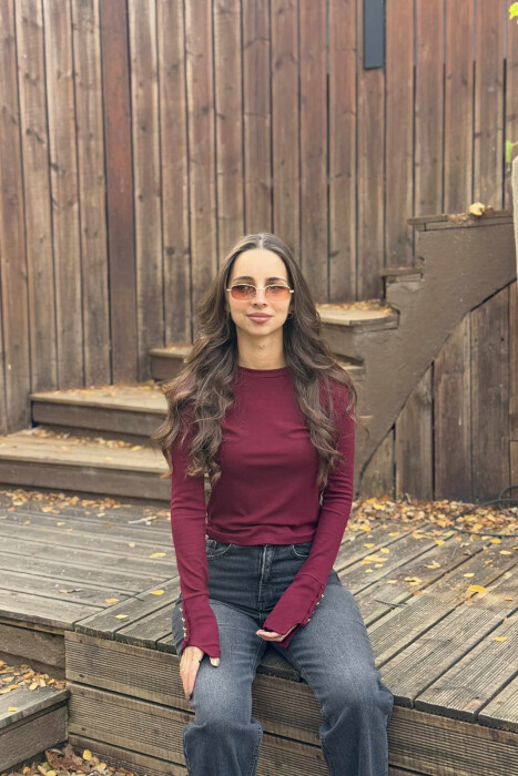 SLEEVE BUTTONS ONE COLOR WOMEN SWEATSHIRT BURGUNDY/VISHNJE 