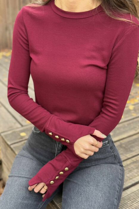 SLEEVE BUTTONS ONE COLOR WOMEN SWEATSHIRT BURGUNDY/VISHNJE - 2