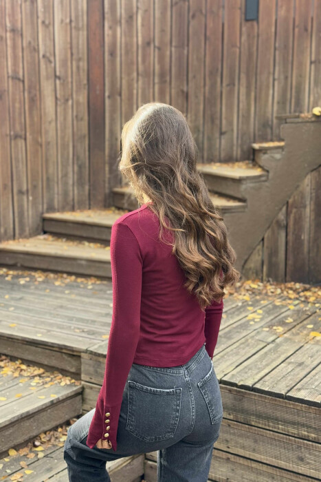SLEEVE BUTTONS ONE COLOR WOMEN SWEATSHIRT BURGUNDY/VISHNJE - 4