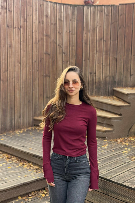 SLEEVE BUTTONS ONE COLOR WOMEN SWEATSHIRT BURGUNDY/VISHNJE - 5