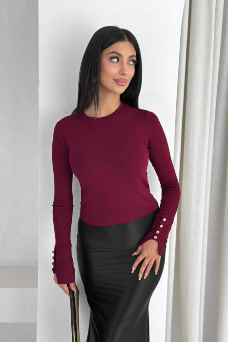 SLEEVE BUTTONS ONE COLOR WOMEN SWEATSHIRT BURGUNDY/VISHNJE - 6