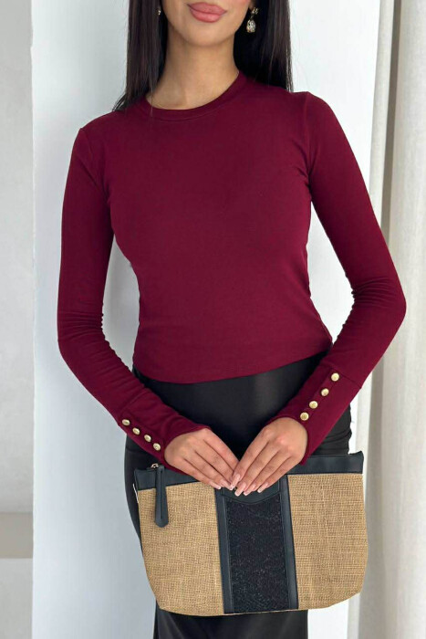 SLEEVE BUTTONS ONE COLOR WOMEN SWEATSHIRT BURGUNDY/VISHNJE - 8