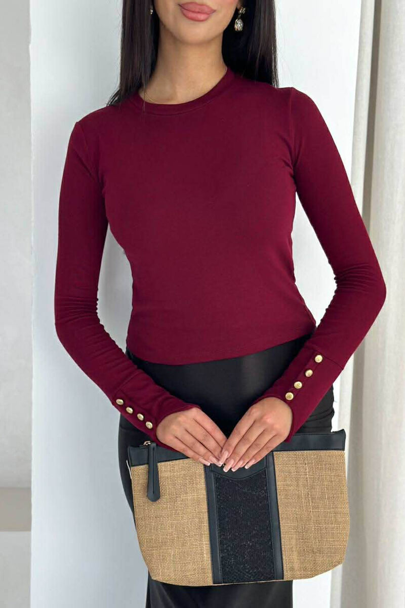 SLEEVE BUTTONS ONE COLOR WOMEN SWEATSHIRT BURGUNDY/VISHNJE - 8