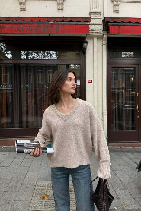 SLEEVE BUTTONS V NECK WOMEN SWEATER BEIGE/BEZHE - 1