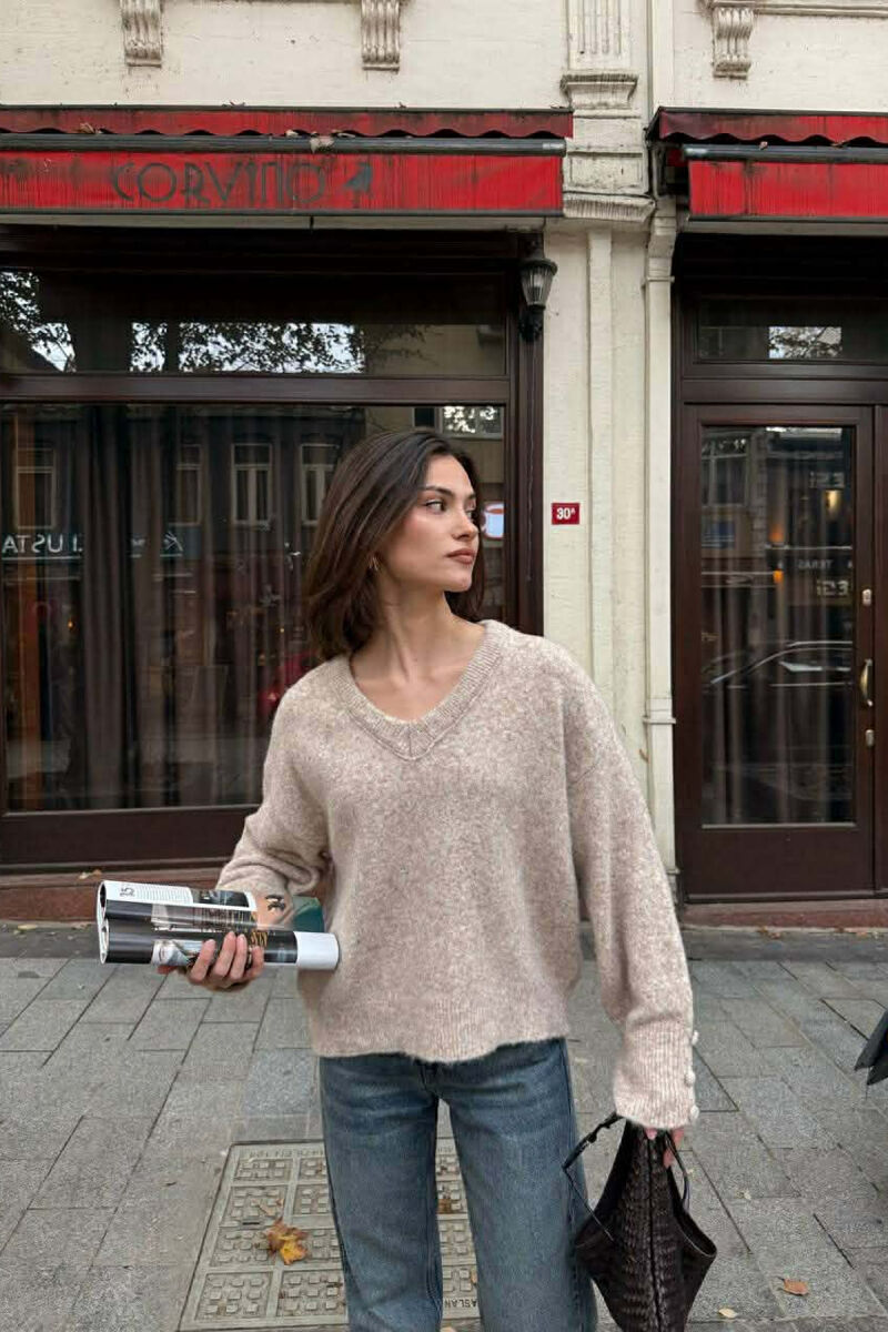 SLEEVE BUTTONS V NECK WOMEN SWEATER BEIGE/BEZHE - 1
