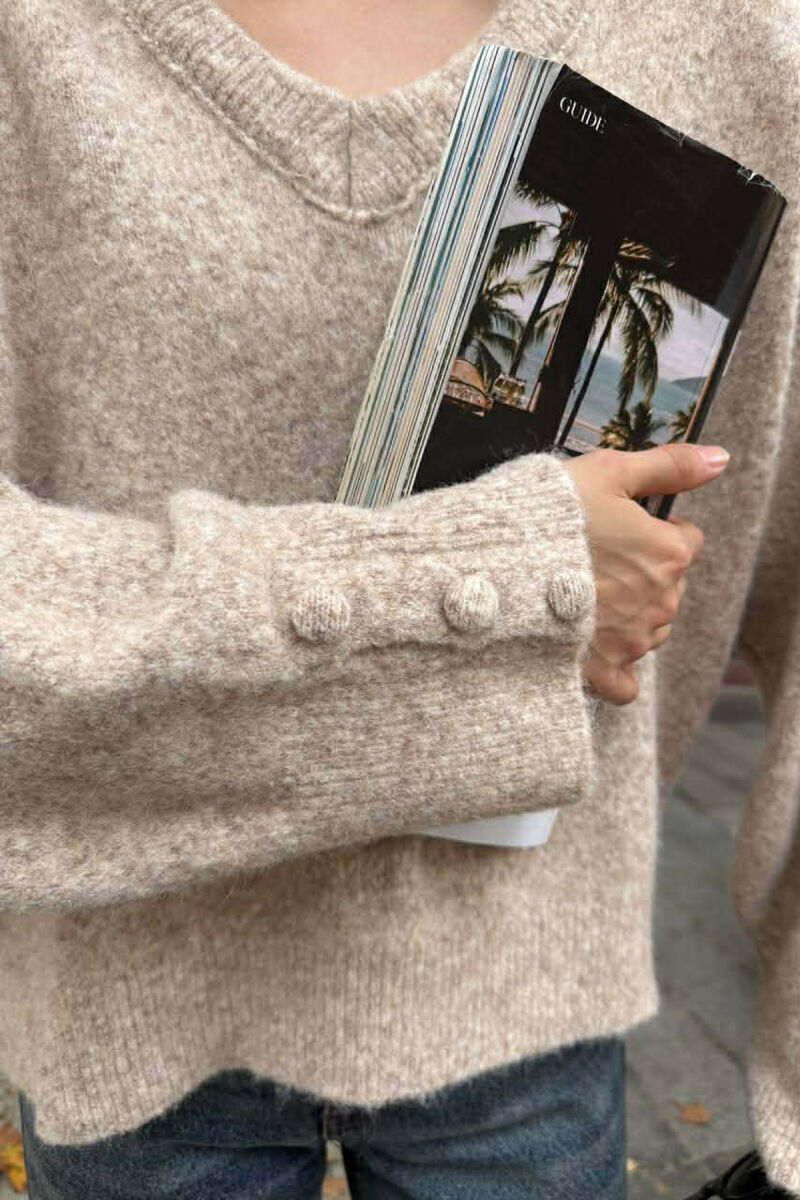 SLEEVE BUTTONS V NECK WOMEN SWEATER BEIGE/BEZHE - 2