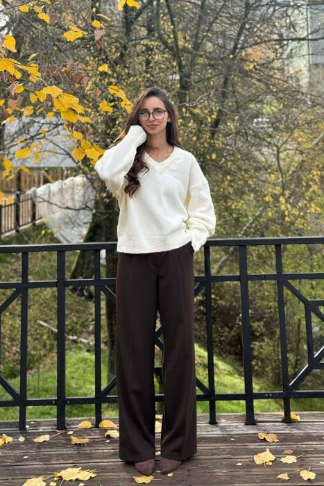 SLEEVE BUTTONS V NECK WOMEN SWEATER CREAM/KREM 